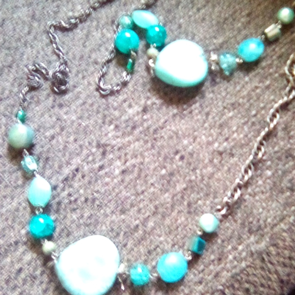 Vintage Teal Stones And Bead's And Teal Rock's Long Necklace